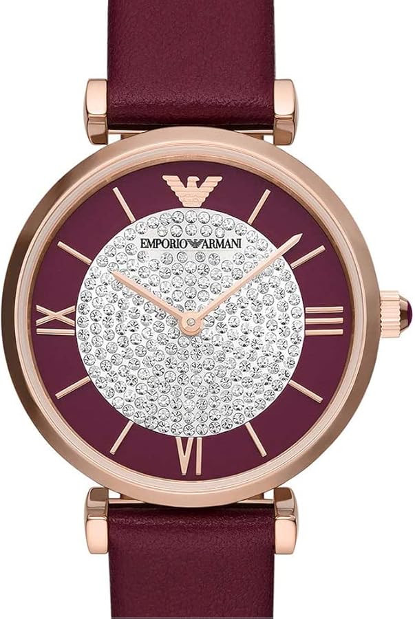 Emporio Armani Gianni T Bar Crystals Maroon Dial Maroon Leather Strap Watch for Women - AR11487