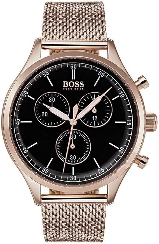 Hugo Boss Companion Chronograph Black Dial Rose Gold Steel Strap Watch For Men - 1513548