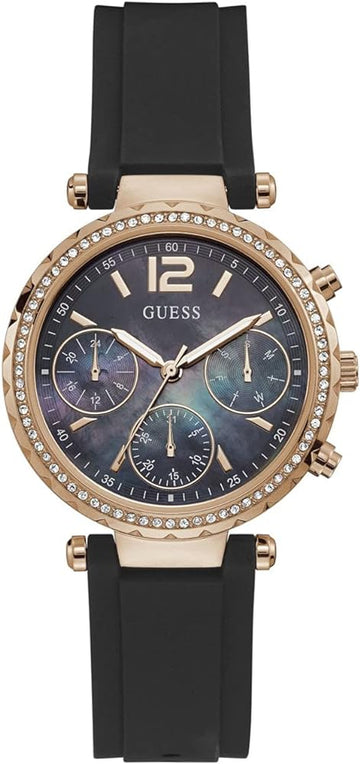 Guess Solstice Diamonds Black Mother of Pearl Dial Black Rubber Strap Watch for Women - GW0113L2