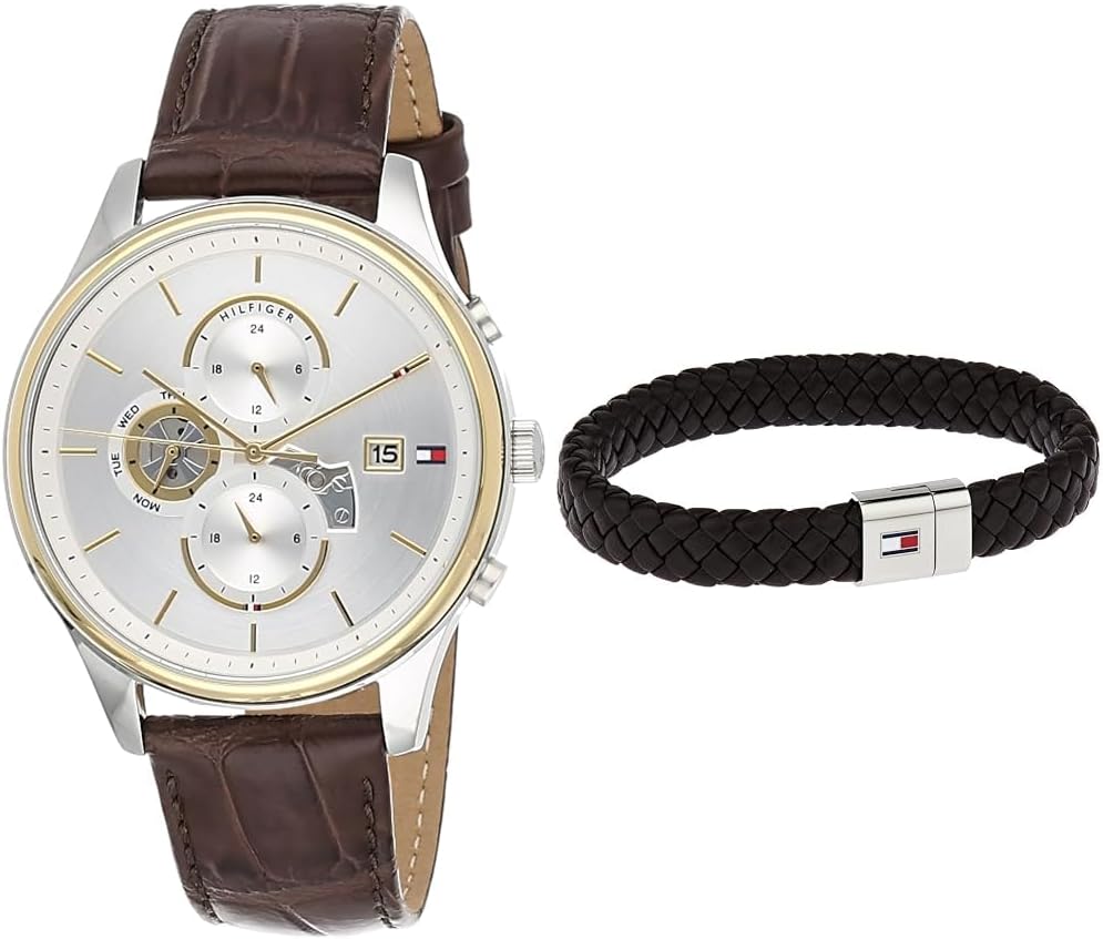 Tommy Hilfiger Weston Chronograph Silver Dial Brown Leather Strap Watch For Men - 1710501