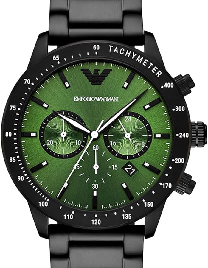 Emporio Armani Mario Chronograph Green Dial Black Steel Strap Watch For Men - AR11472