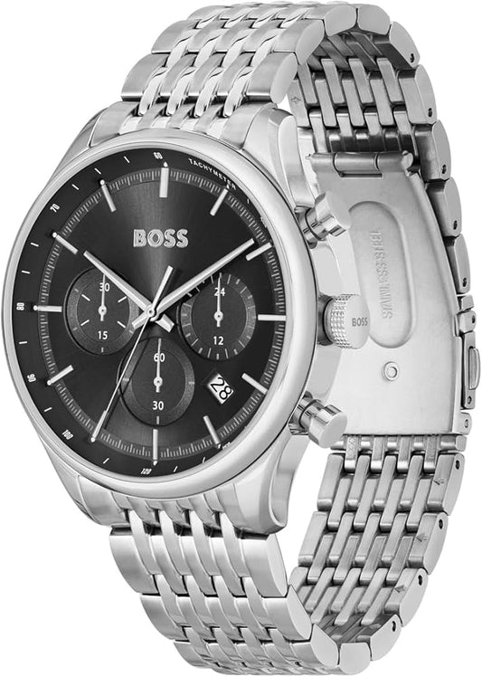 Hugo Boss Gregor Chronograph Black Dial Silver Steel Strap Watch For Men - 1514082