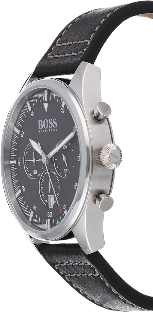 Hugo Boss Pioneer Chronograph Black Dial Black Leather Strap Watch For Men - 1513708