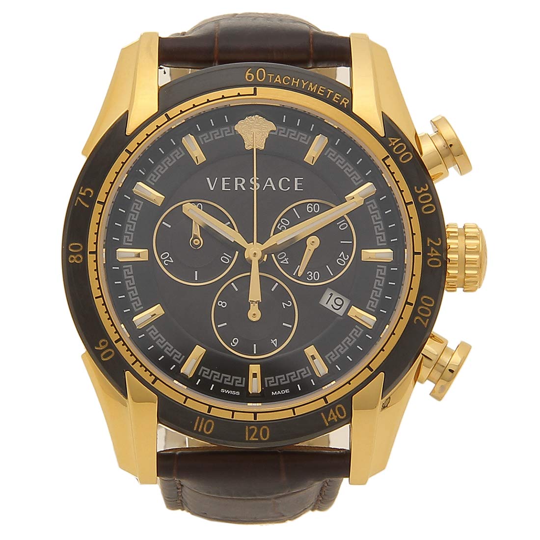 Versace V-Ray Chronograph Quartz Black Dial Brown Leather Strap Watch For Men - VEDB00318