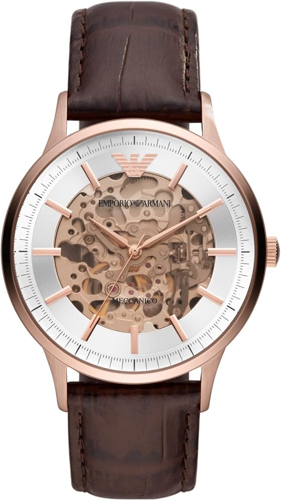 Emporio Armani Meccanico Automatic Silver Dial Brown Leather Strap Watch For Men - AR60039