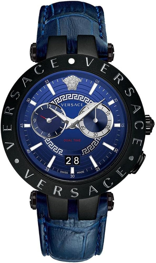 Versace V Race Chronograph Quartz Blue Dial Blue Leather Strap Watch For Men - VEBV00419