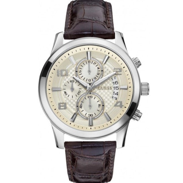 Guess Exec Chronograph White Dial Brown Leather Strap Watch For Men - W0076G2