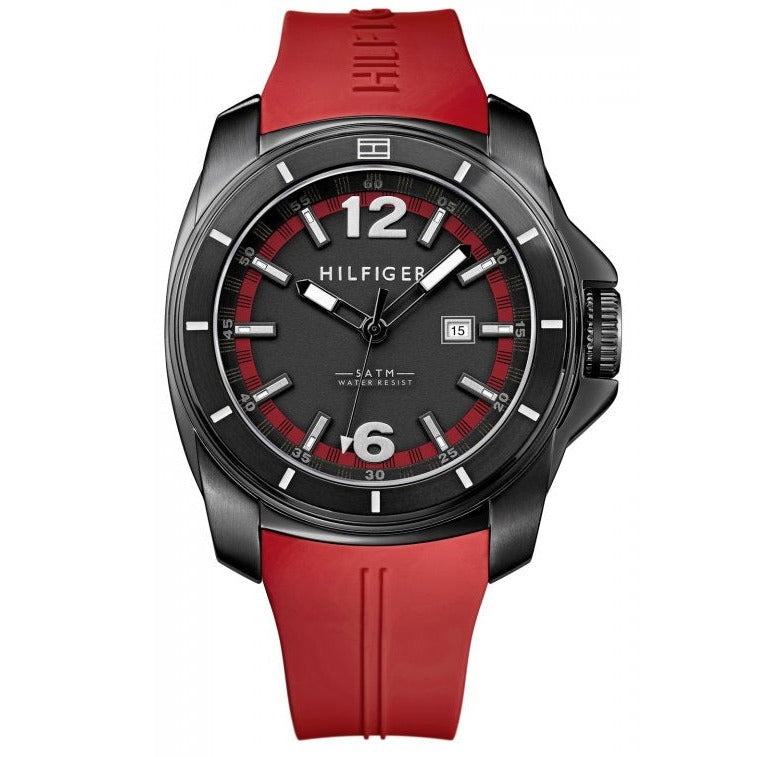 Tommy Hilfiger Windsurf Black Dial Red Rubber Strap Watch for Men - 1791112