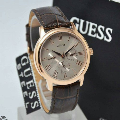 Guess Wafer Quartz Beige Dial Brown Leather Strap Watch For Men - W0496G1