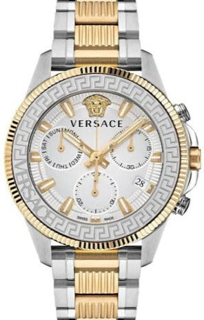 Versace Greca Action Chronograph Quartz Silver Dial Two Tone Steel Strap Watch for Men - VE3J00522