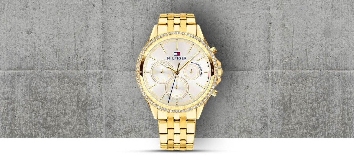 Tommy Hilfiger Ari Multifunction Diamonds Silver Dial Gold Steel Strap Watch for Women - 1781977