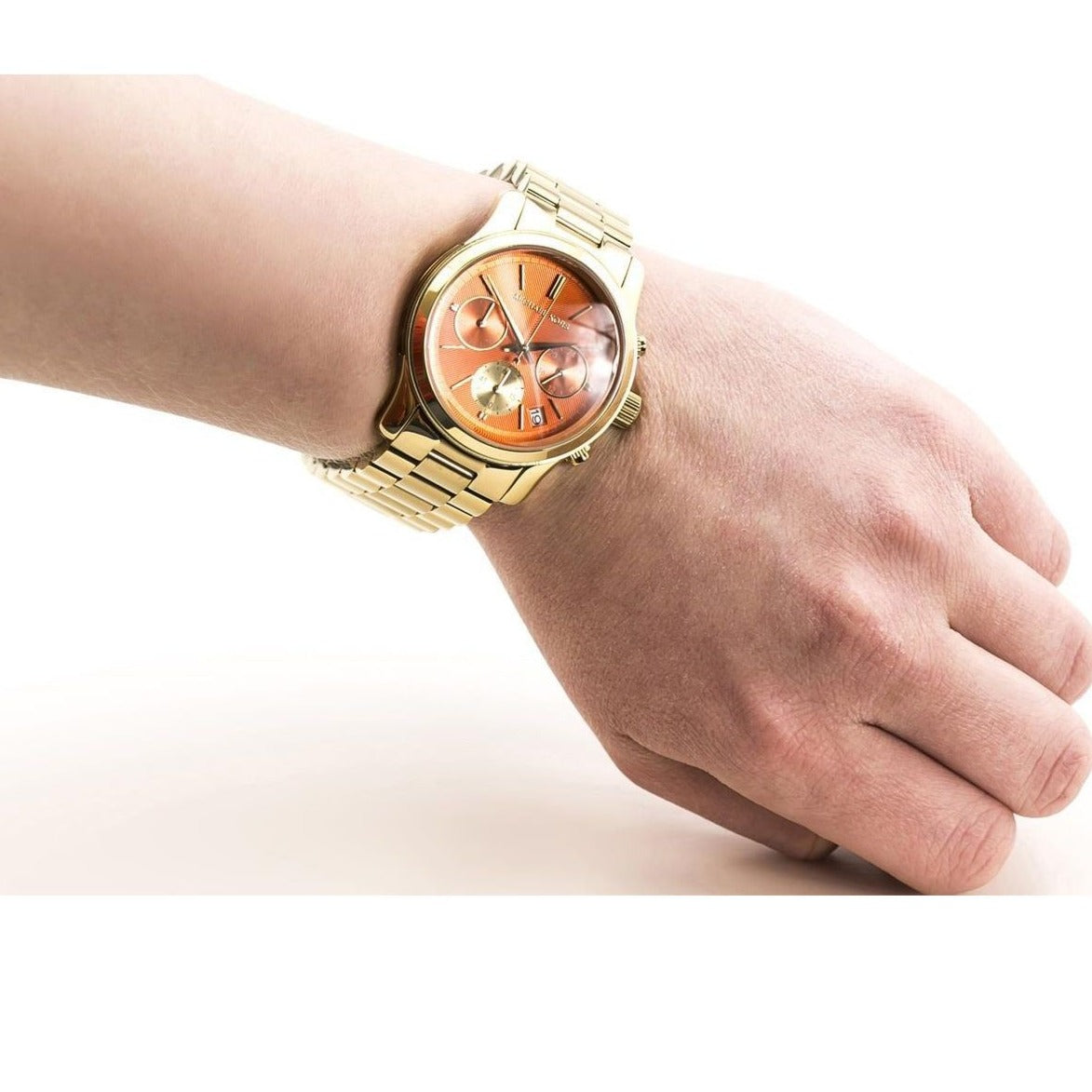 Michael Kors Runway Chronograph Orange Dial Gold Steep Strap Watch For Women - MK6162