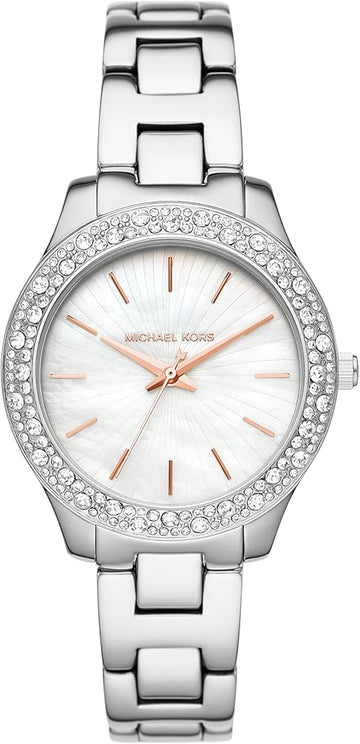 Michael Kors Liliane Three Hand Mother of Pearl White Dial Silver Steel Strap Watch For Women - MK4556