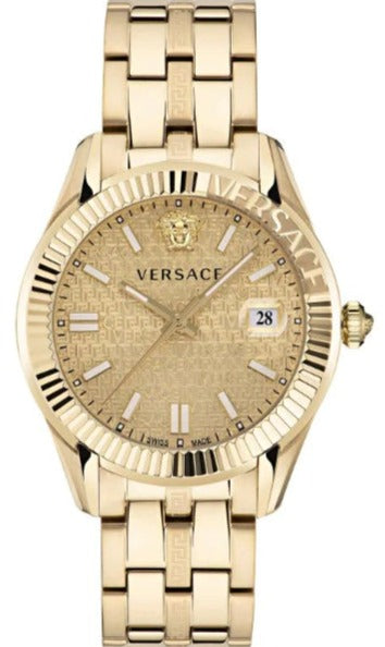 Versace Greca Time Quartz Gold Dial Gold Steel Strap Watch For Men - VE3K00522