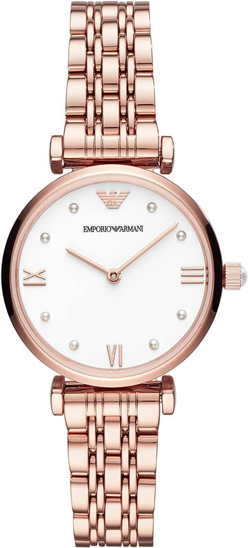 Emporio Armani Gianni T-Bar Quartz White Dial Rose Gold Steel Strap Watch For Women - AR11267