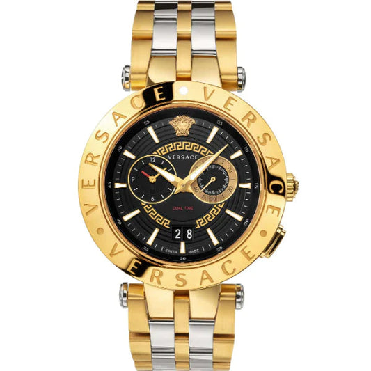 Versace V-Race Quartz Black Dial Gold Steel Strap Watch For Men - VEBV00519