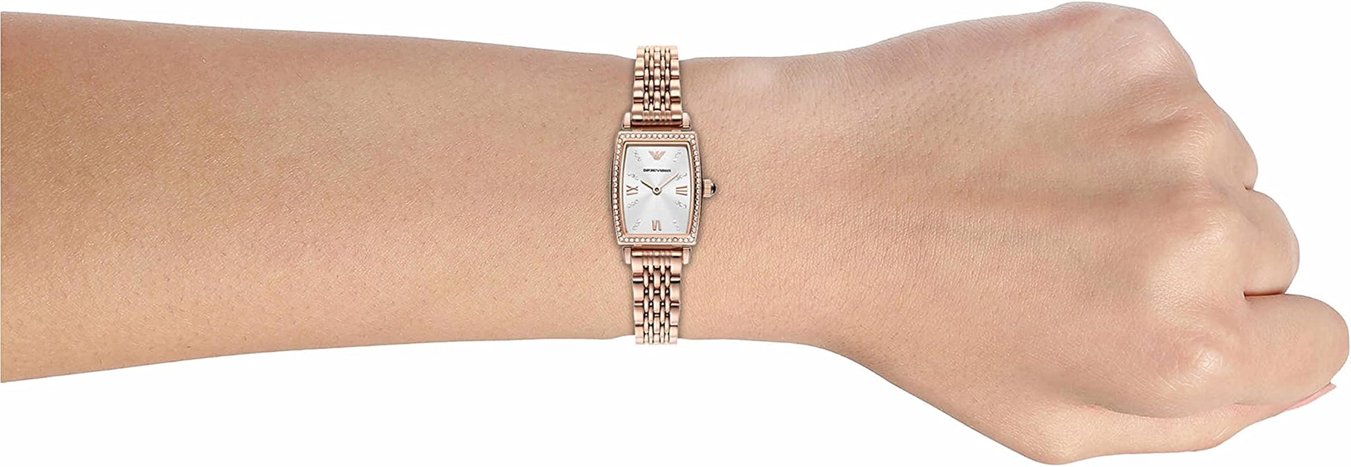 Emporio Armani Gianni T Bar Quartz Crystals White Dial Rose Gold Steel Strap Watch For Women - AR11406