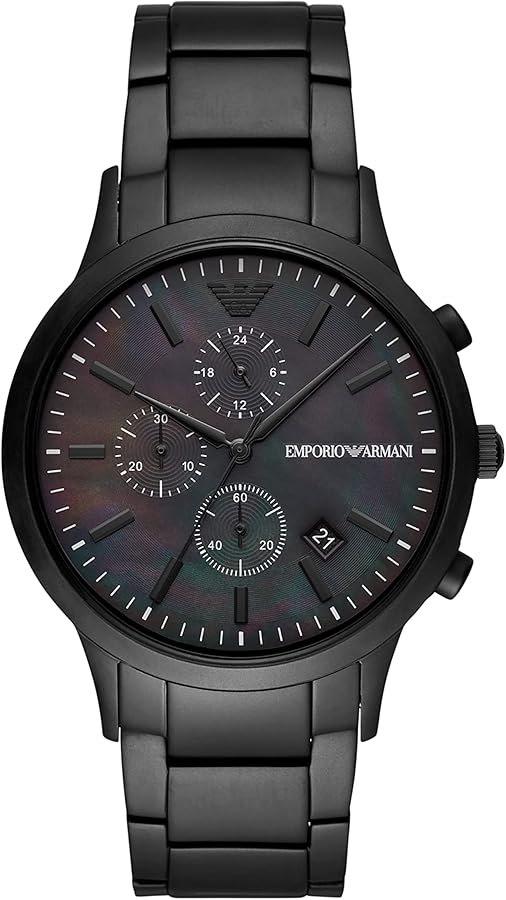 Emporio Armani Renato Chronograph Mother of Pearl Black Dial Black Steel Strap Watch For Men - AR11275