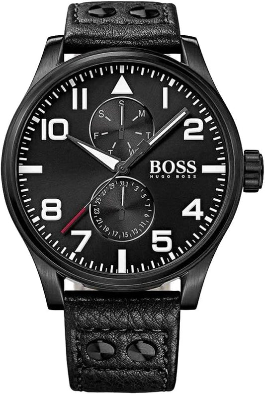 Hugo Boss Aeroliner Black Dial Black Leather Strap Watch For Men - 1513083