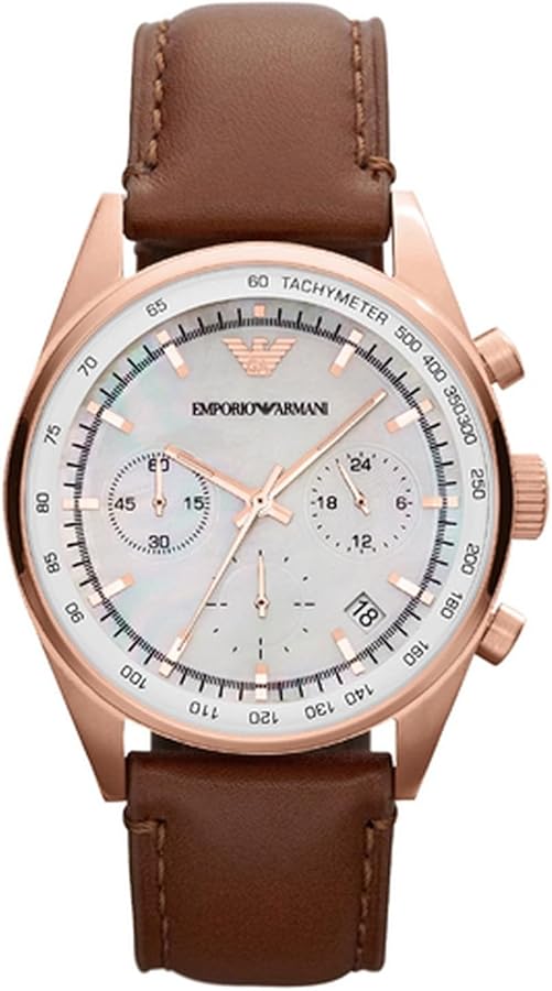 Emporio Armani Sportivo Chronograph White Dial Brown Leather Strap Watch For Men - AR5996