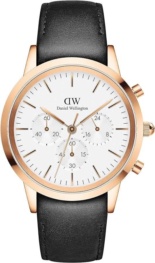 Daniel Wellington Iconic Chronograph Sheffield White Dial Black Leather Strap Watch For Men - DW00100646