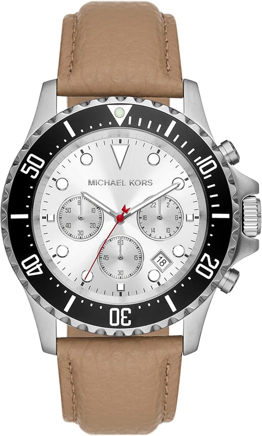 Michael Kors Everest Analog White Dial Brown Leather Strap Watch For Men - MK9092