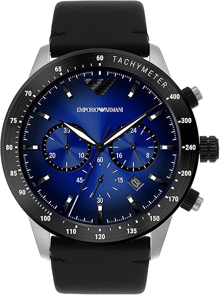 Emporio Armani Mario Chronograph Blue Dial Black Leather Strap Watch For Men - AR11522