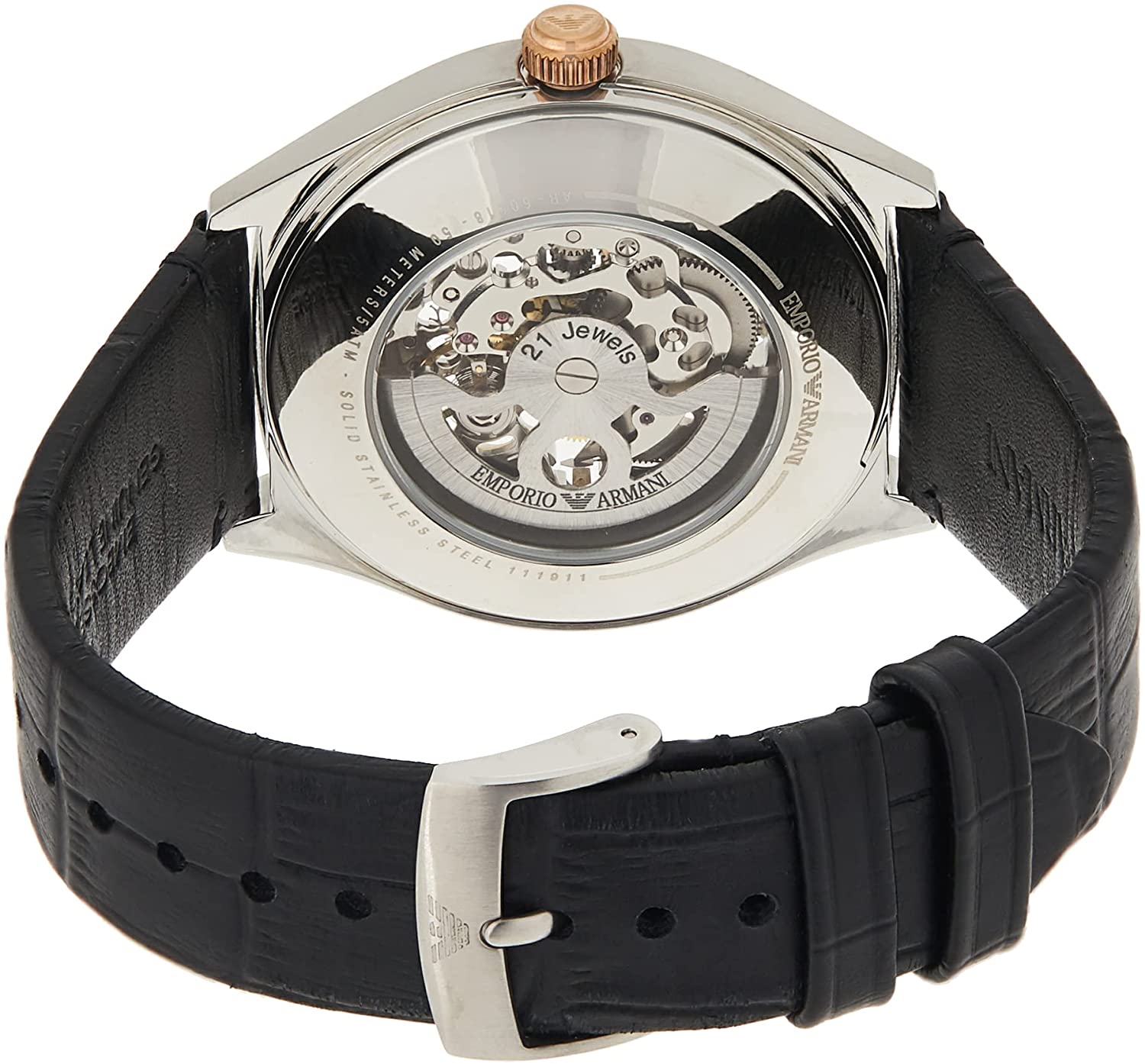 Emporio Armani Zeta Skeleton Automatic Silver Dial Black Leather Strap Watch For Men - AR60018