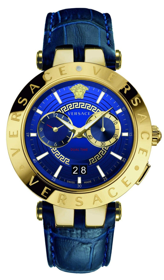 Versace V-Race Multifunction Quartz Blue Dial Blue Leather Strap Watch For Men - VEBV00219