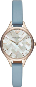 Emporio Armani Aurora Quartz Mother of Pearl White Dial Blue Leather Strap Watch For Women - AR11109