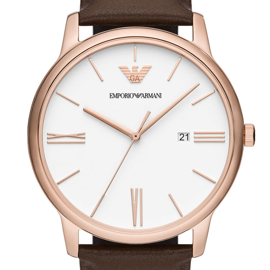 Emporio Armani Minimalist Quartz White Dial Brown Leather Strap Watch For Men - AR11572