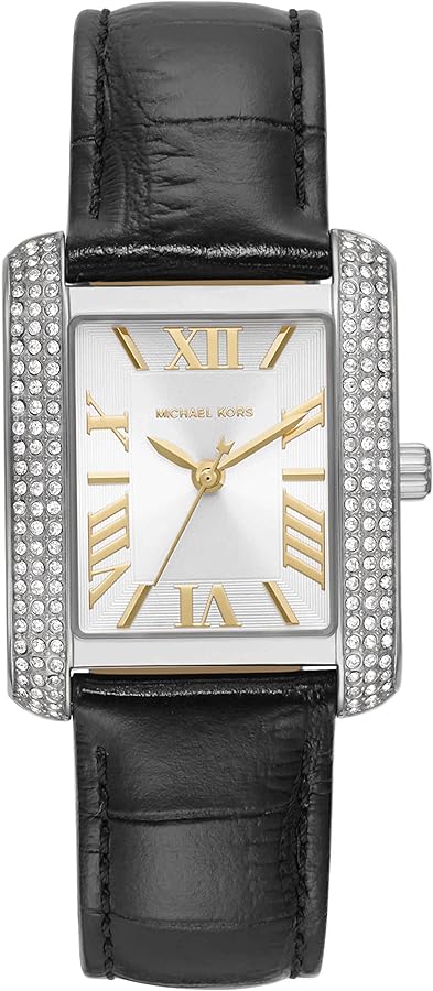 Michael Kors Emery Three Hand Silver Dial Black Leather Strap Watch For Women - MK4696