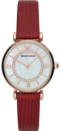 Emporio Armani Gianni T-Bar Analog Mother of Pearl Dial Red Leather Strap Watch For Women - AR11322