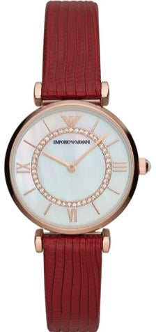 Emporio Armani Gianni T-Bar Analog Mother of Pearl Dial Red Leather Strap Watch For Women - AR11322