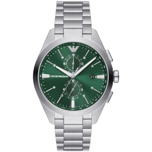 Emporio Armani Chronograph Green Dial Silver Steel Strap Watch For Men - AR11480