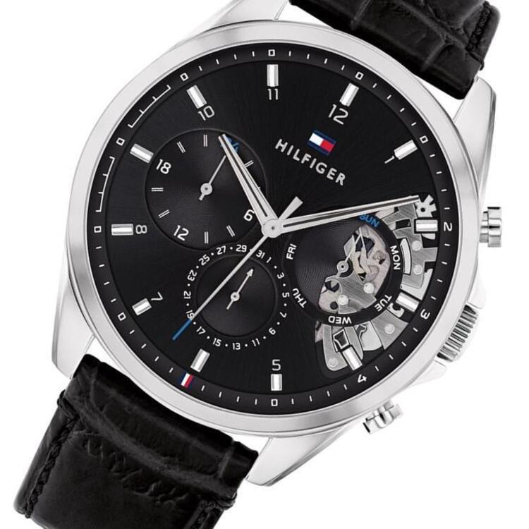 Tommy Hilfiger Baker Chronograph Black Dial Black Leather Strap Watch For Men - 1710449