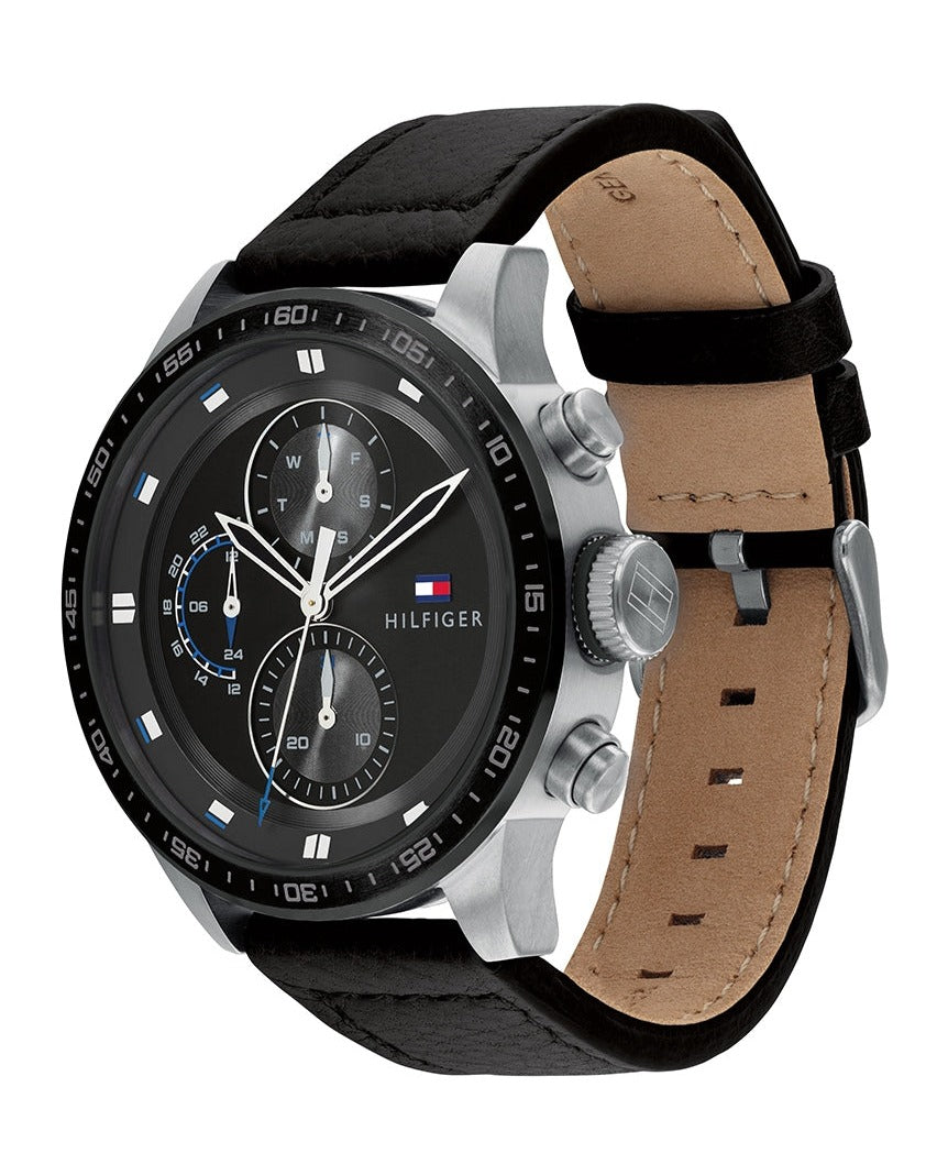 Tommy Hilfiger Trent Chronograph Quartz Black Dial Black Leather Strap Watch For Men - 1791810