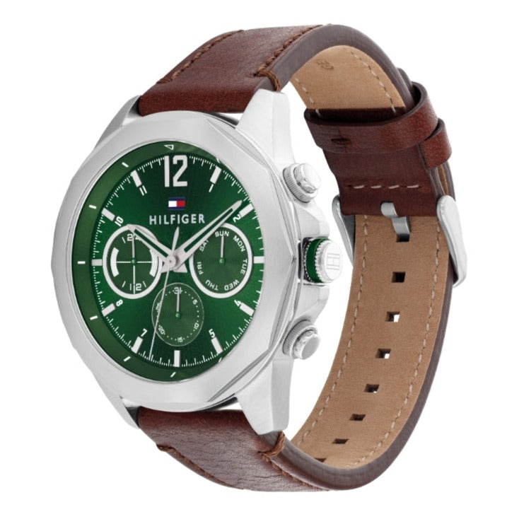 Tommy Hilfiger Lars Chronograph Green Dial Brown Leather Strap Watch For Men - 1792064