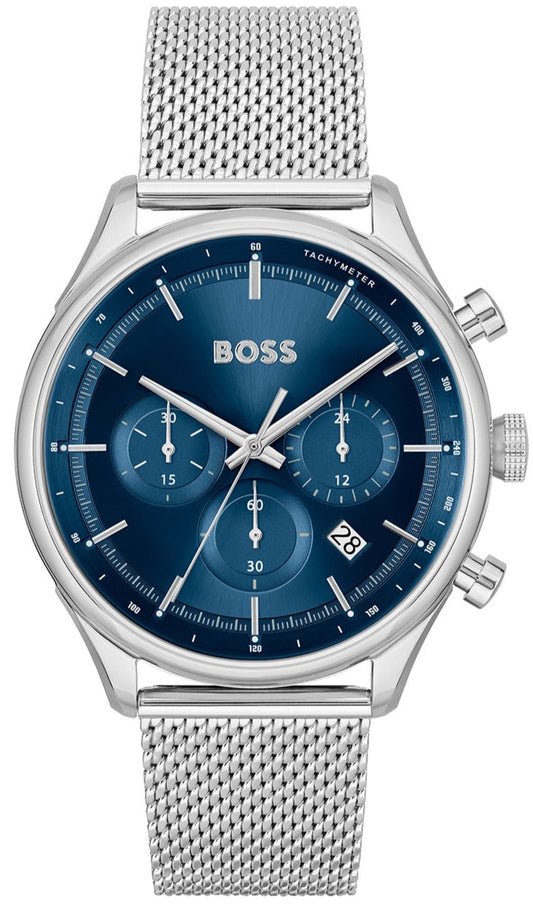 Hugo Boss Gregor Chronograph Blue Dial Silver Mesh Bracelet Watch For Men - 1514052