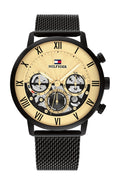 Tommy Hilfiger Legend Chronograph Gold Dial Black Mesh Bracelet Watch For Men - 1710568