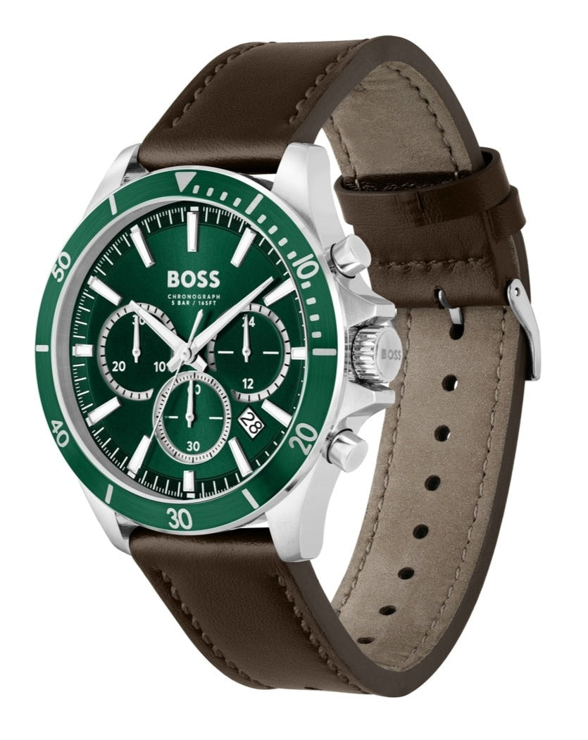 Hugo Boss Troper Chronograph Green Dial Brown Leather Strap Watch For Men - 1514098