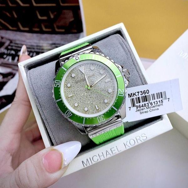 Michael Kors Everest Three Hand Crystals Silver Dial Green Silicone Strap Watch For Women - MK7360