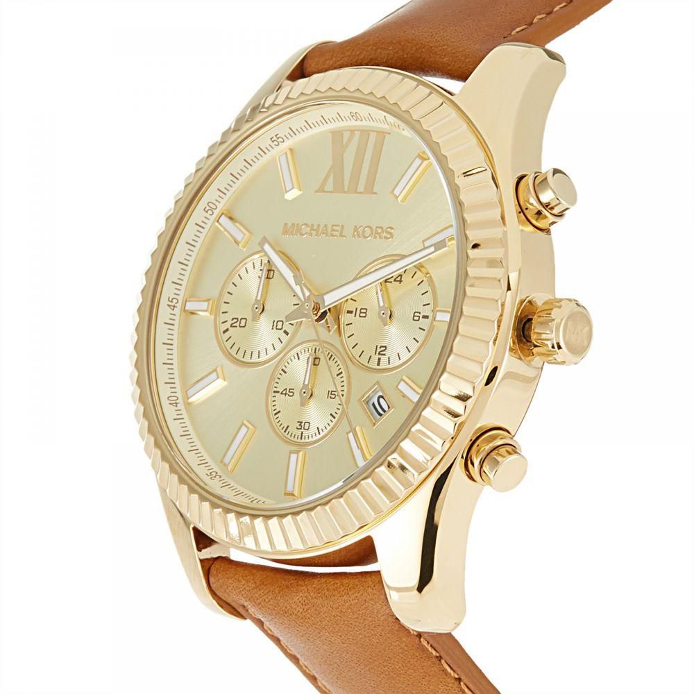 Michael Kors Lexington Chronograph Gold Dial Brown Leather Strap Watch For Men - MK8447