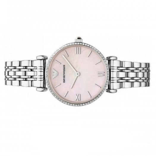 Emporio Armani Classic Gianni T Bar Crystals Pink Dial Silver Steel Strap Watch For Women - AR1781