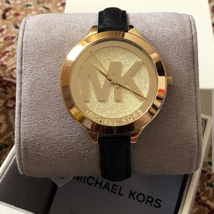 Michael Kors Slim Runway Quartz Gold Dial Black Leather Strap Watch For Women - MK2392