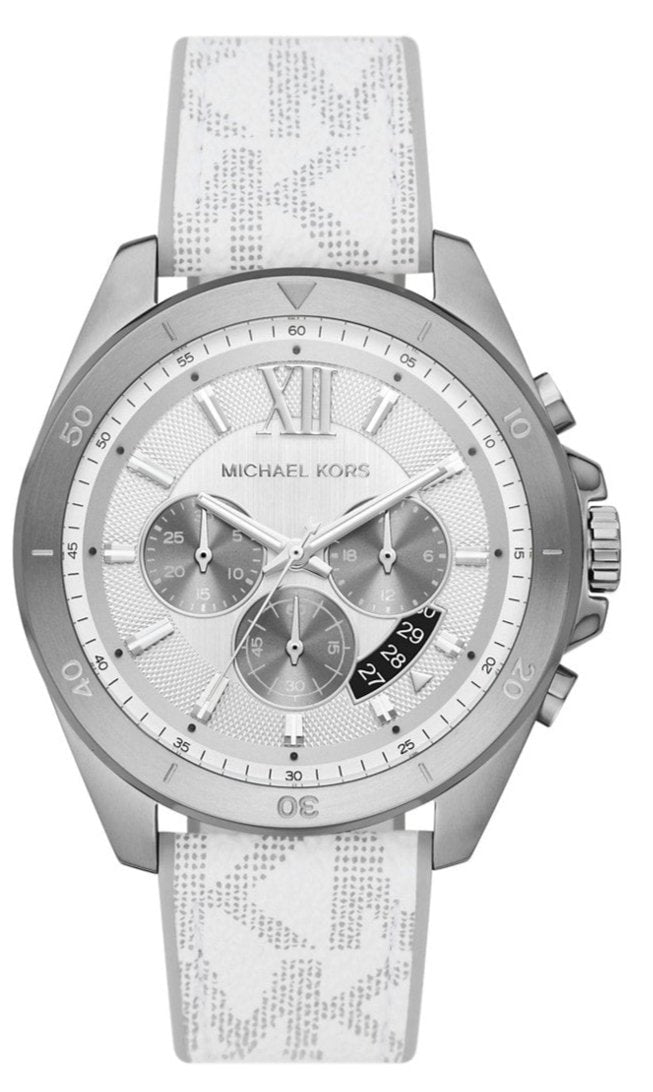 Michael Kors Brecken Chronograph Silver Dial White Leather Strap Watch For Men - MK8949