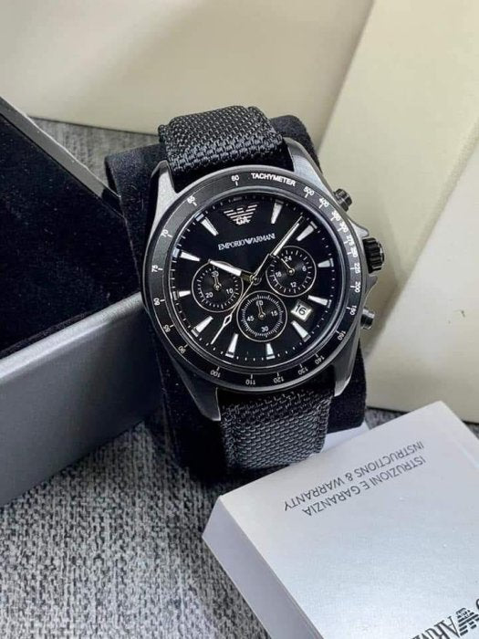 Emporio Armani Sigma Chronograph Black Dial Black Leather Strap Watch For Men - AR6131