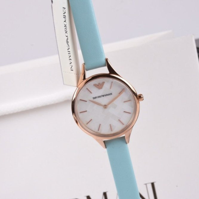 Emporio Armani Aurora Quartz Mother of Pearl White Dial Blue Leather Strap Watch For Women - AR11109