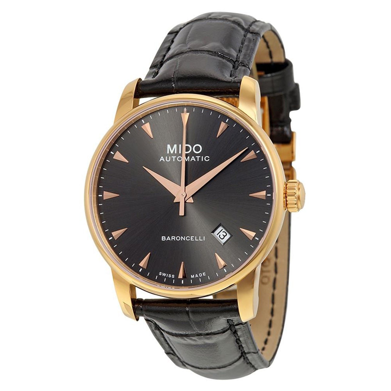 Mido Baroncelli III Automatic Grey Dial Black Leather Strap Watch For Men - M8600.3.13.4