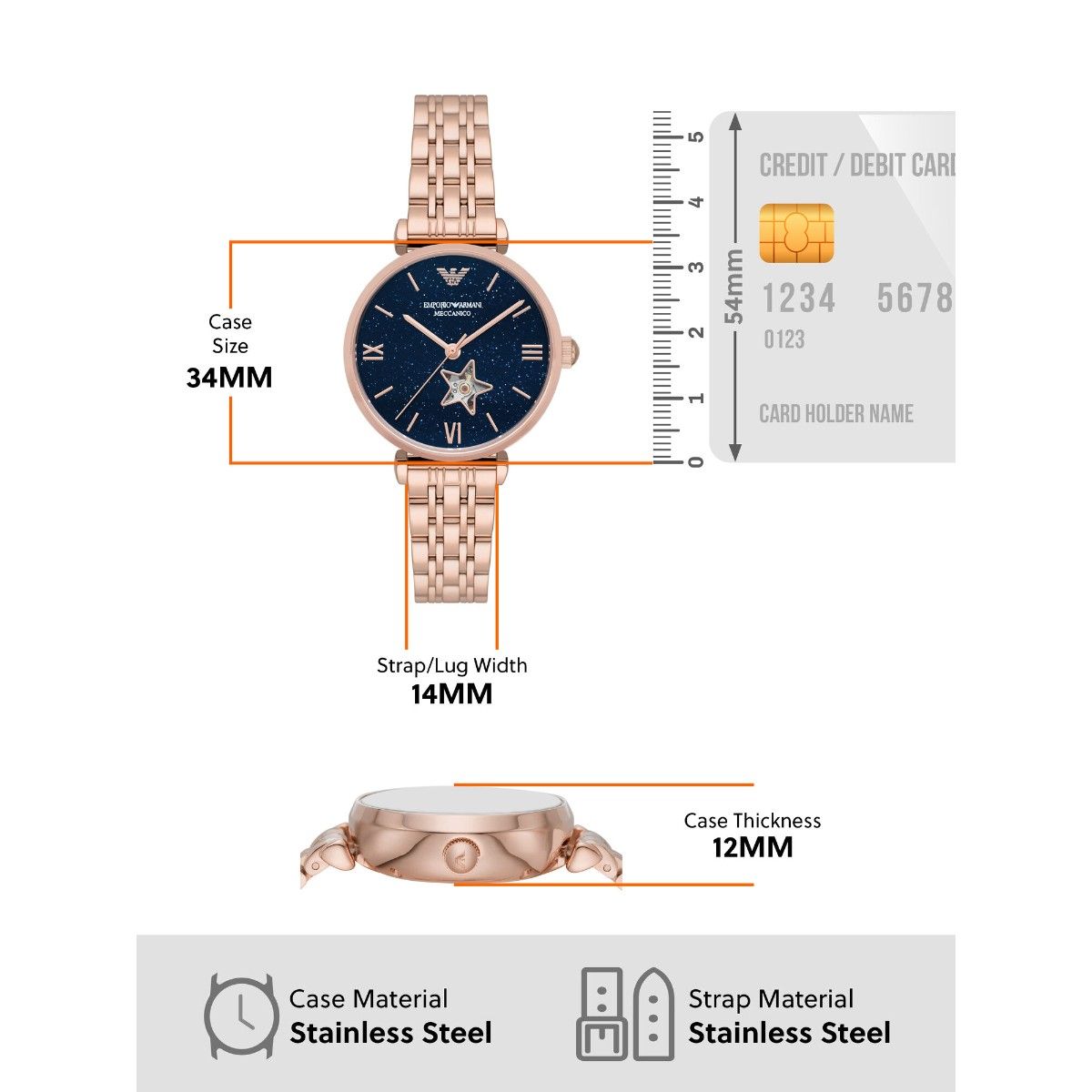 Emporio Armani Meccanico Crystals Black Dial Rose Gold Steel Strap Watch For Women - AR60043